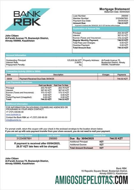 realista Modelo Word e PDF de declaração de hipoteca RBK do Banco do Cazaquistão